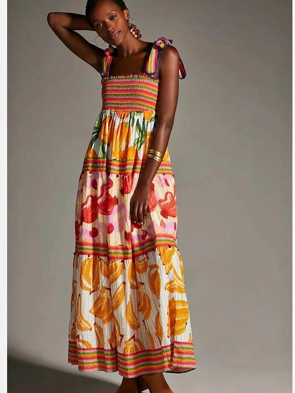 House of Harlow 1960 Tropical Fruit Smocked Tiered Maxi Dress Multicolor &